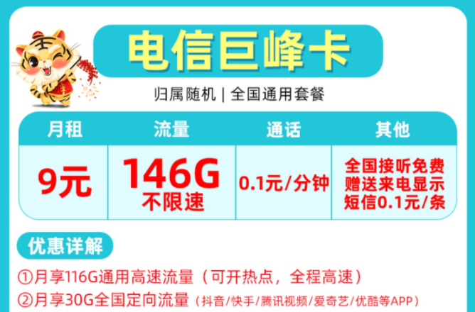 非常受歡迎的流量卡套餐有哪些？電信巨峰卡9元包含146G全國來了不限速+首月免費