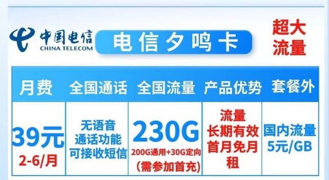 就沒有流量多的電信純流量卡了嗎？當然有！電信夕鳴卡39元230G大流量|19元順和卡165G流量